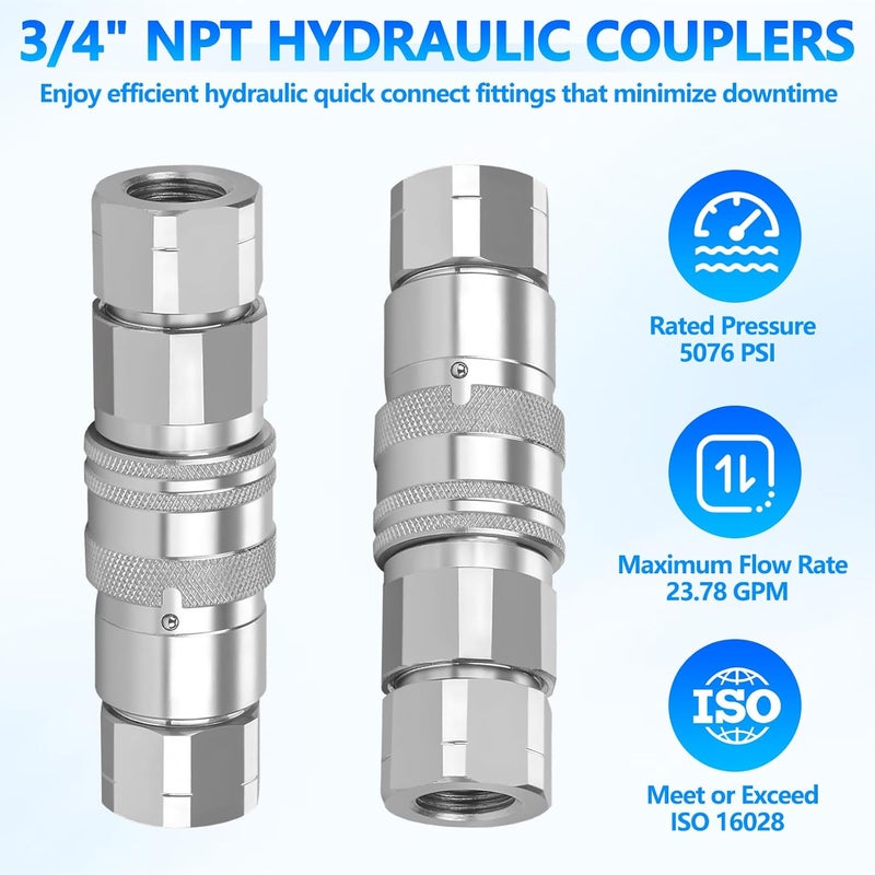 Cplbrb 3/4’’ NPT Flat Face Hydraulic Quick Connect Couplers/Couplings with Dust Caps, The Universal Bobcat Flat Face Quick Connect Fittings with with 1/2" Body ISO 16028 Standard-2Set - Image 2